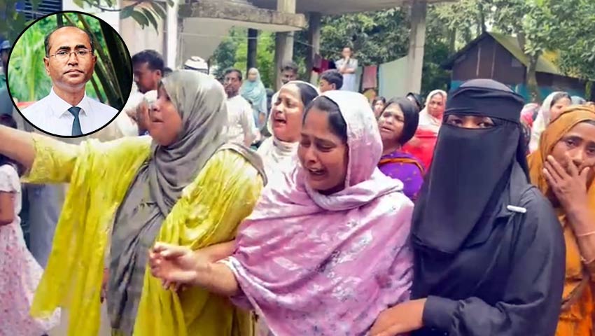 স্বজনদের আহাজারি। ইনসেটে নিহত আইনজীবী আবুল কালাম আজাদ। ছবি: কোলাজ