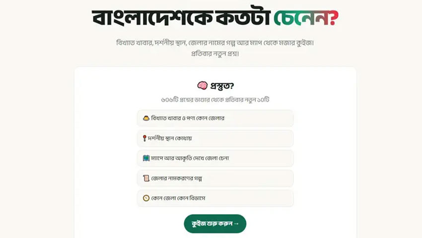 ওয়েবসাইটটিতে আছে কুইজ ও ম্যাপ পাজলের ব্যবস্থা। ছবি : সংগৃহীত